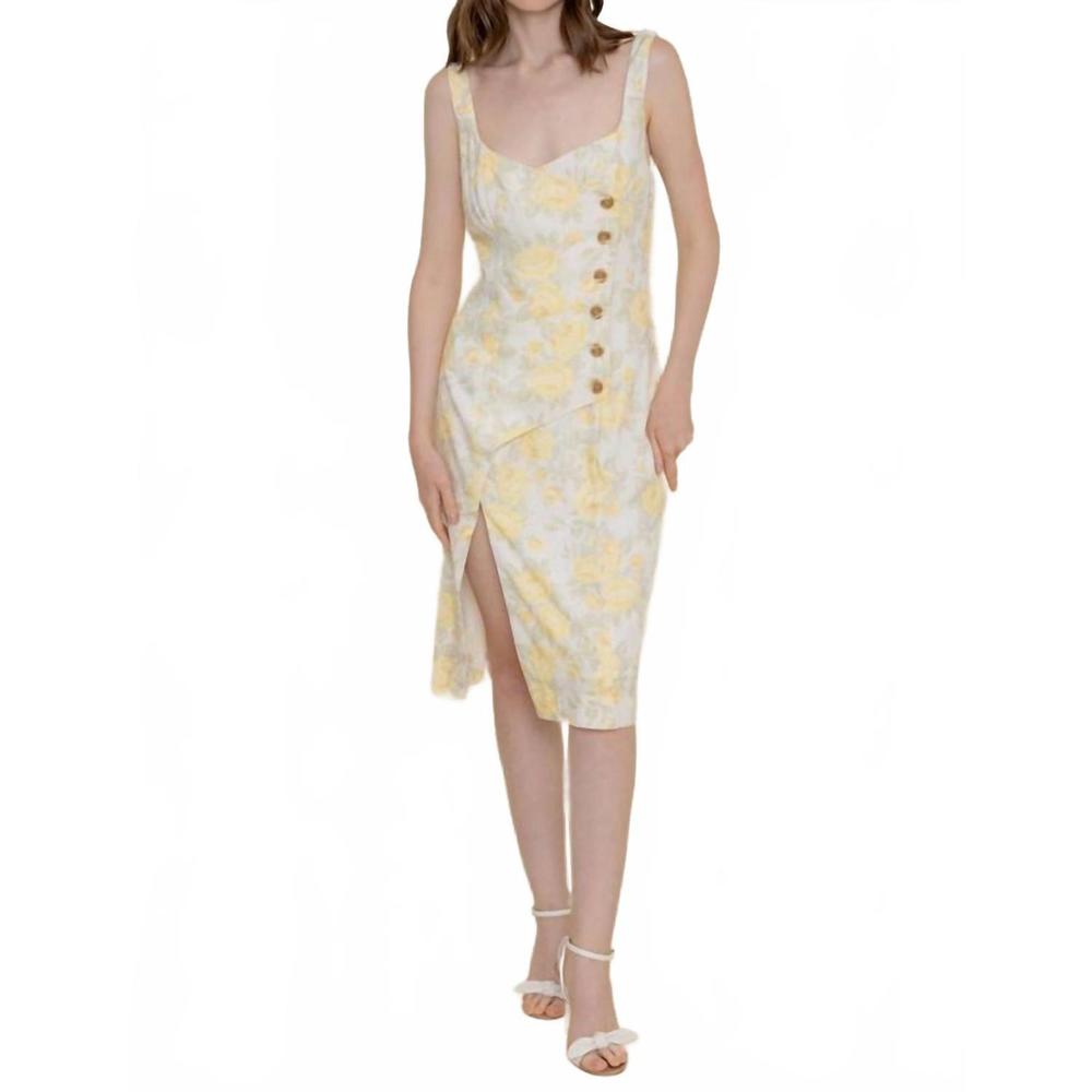 NEW FORE COLLECTION floral print asymmetric button closure midi dress in cream m